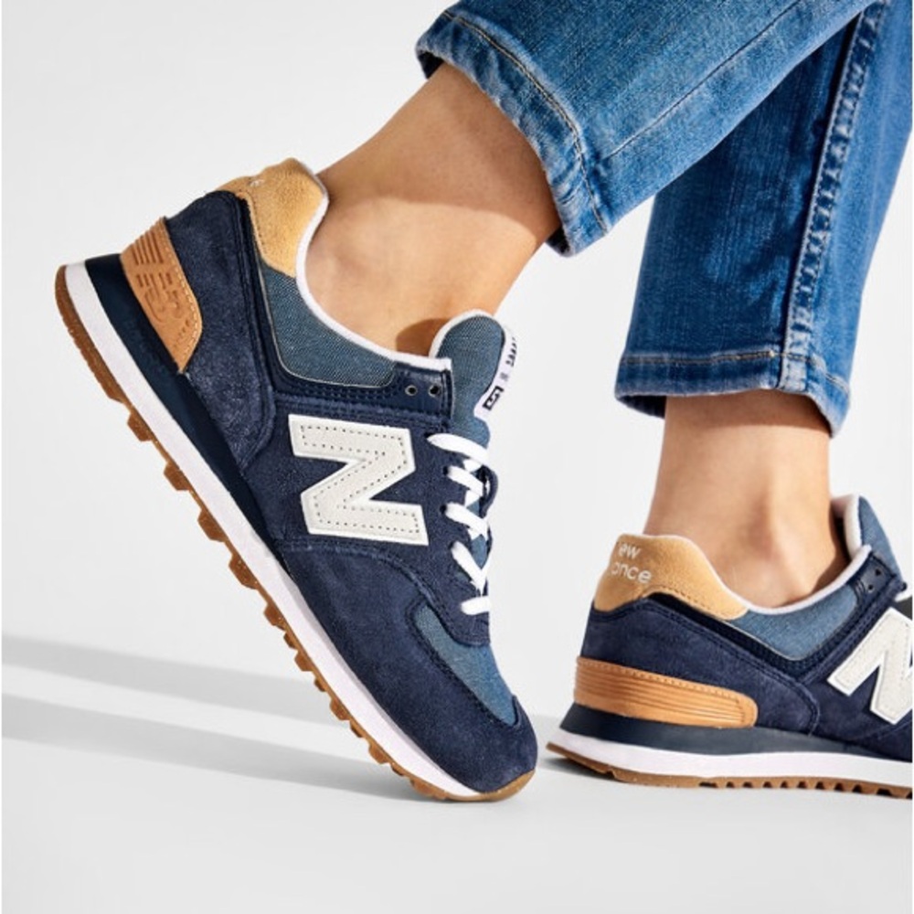 New Balance 574 Navy and Cork Green Leaf Shoe